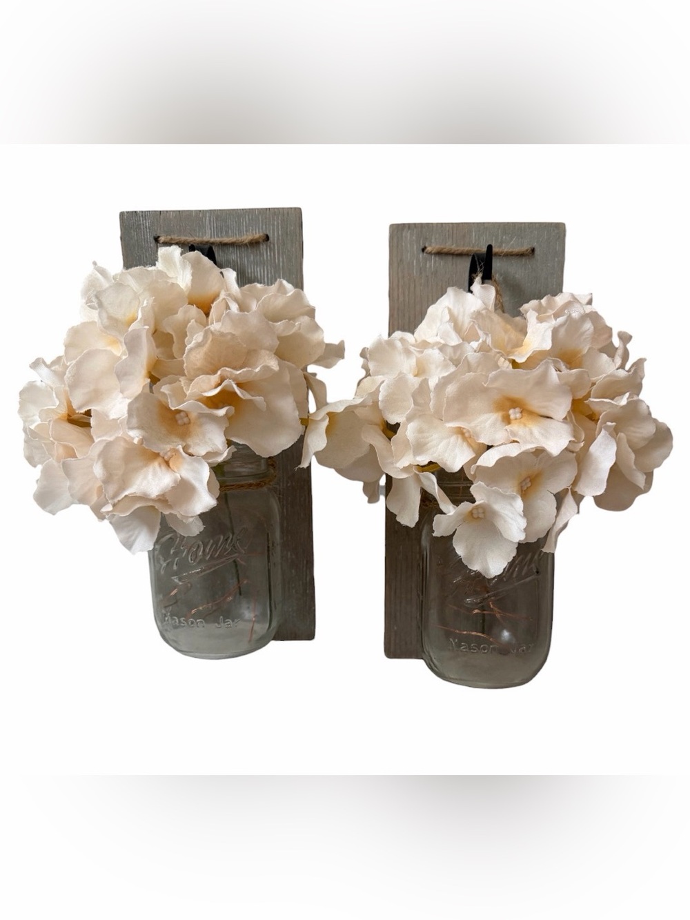 2 Rustic Wall Hanging Mason Jar Vases w/ Artificial White Hydrangea, Gray Wood